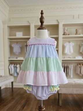 The Yellow Lamb Pastel Seersucker 2pc Set Ruffle Bloomers Sz 24M 💕